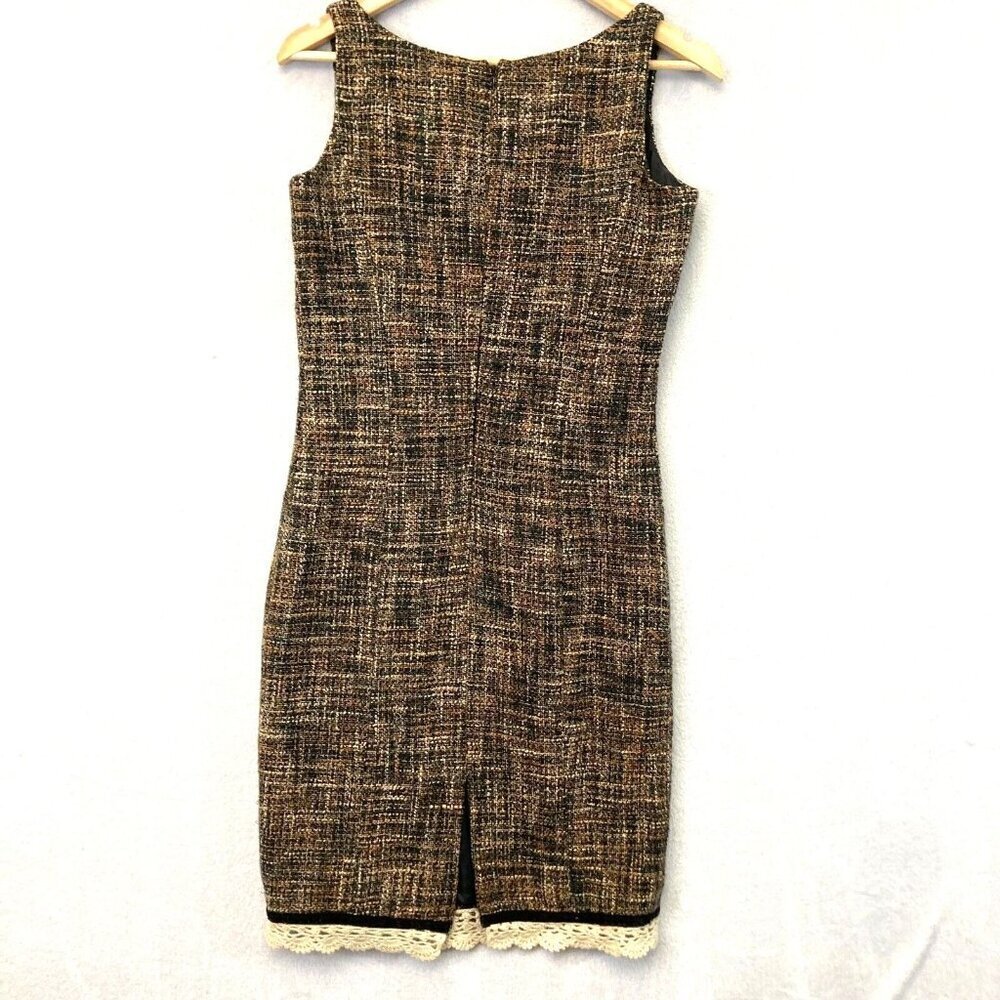 Vintage Newport News Tweed Sheath Dress Size 4 Knee Length Brown Lace Trim Retro - Picture 2 of 14